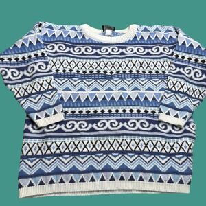 Vintage Knits Landing Sweater Large Blue White Geometric Knit Fair Isle